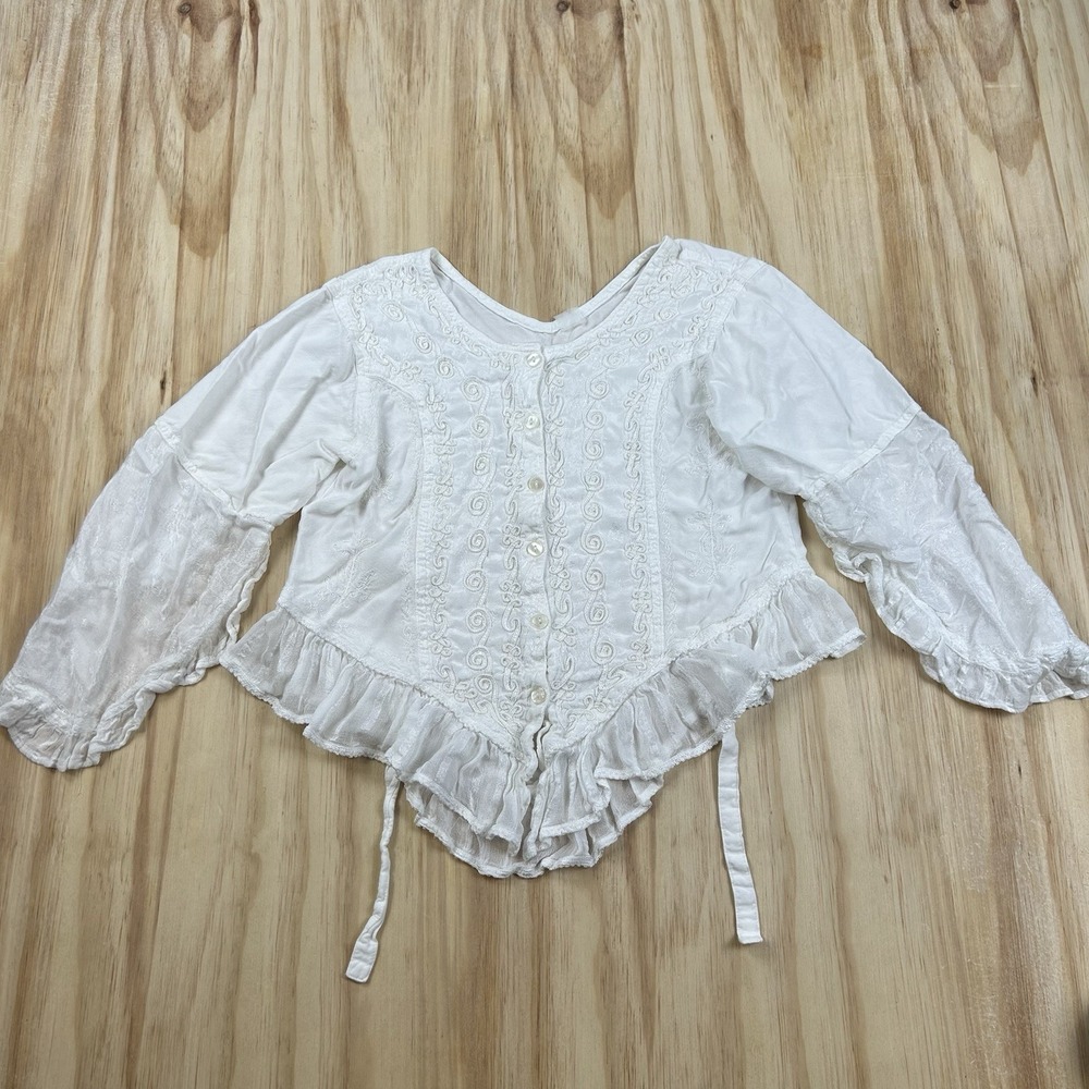 True Vintage 70's Cropped Victorian Tie Front Embroidered Eyelet Ruffle Top S